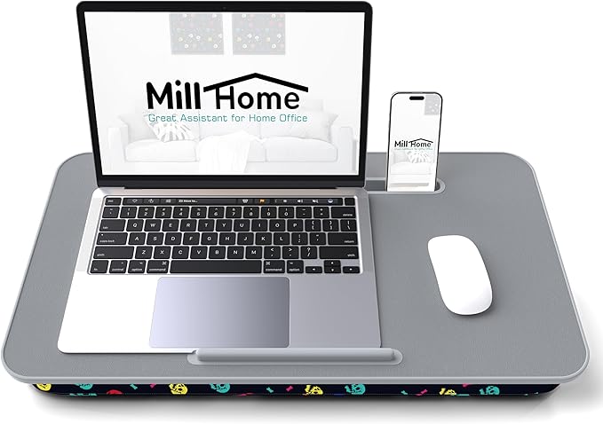 Millhome Lap Desk | Portable Laptop Desk – Fits Up to 17.3" Laptops – Detachable & Washable Cushion, Phone Holder, Device Ledge – for Writing, Working, Reading on Bed, Couch, Sofa, Floor – Black Skull