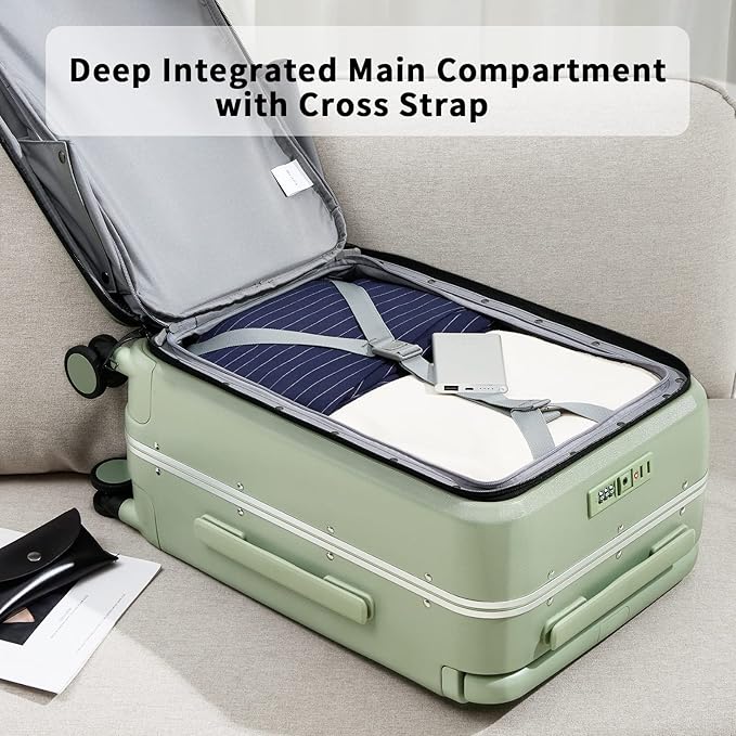 MILADA Wide Handle Carry On Luggage with Front Pocket Hardshell 20 Inch Front Opening Luggage with Spinner Wheels TSA Lock Aluminium Suitcase Airline Approved Carry-On Travel Luggage, Bamboo Green