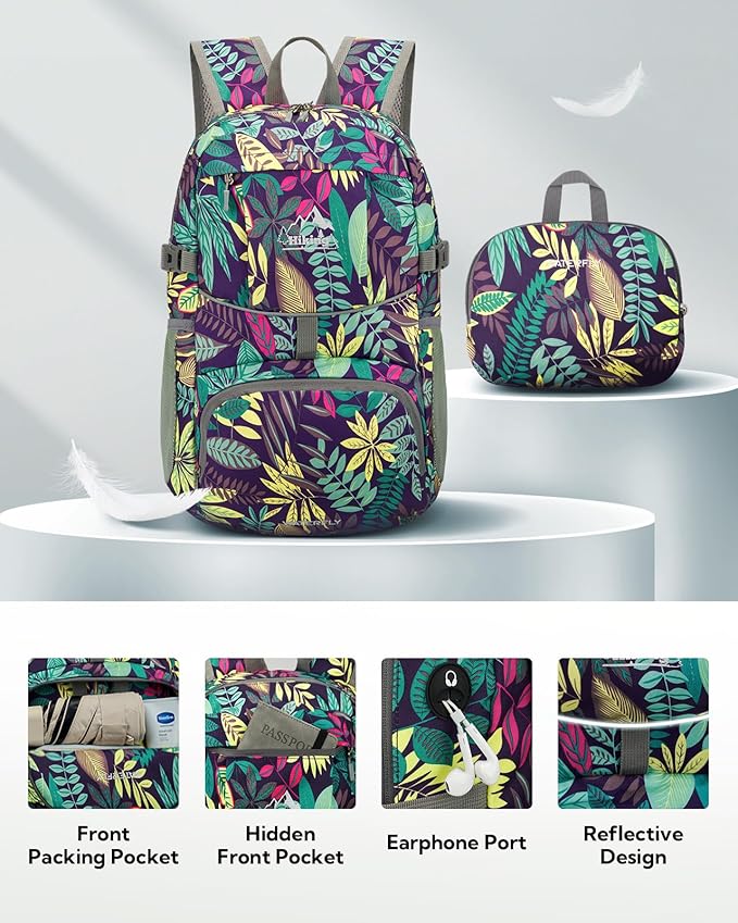 WATERFLY Hiking Packable Daypack Backpack: 25L Ultra Lightweight Day Pack for Woman Man - Small Compact Folding Back Pack for Outdoor Sport Cycling Camping Travel Trip - Print