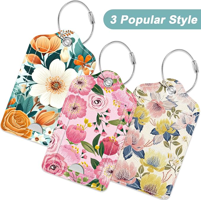 Rimilak 3 Pcs PU Leather Luggage Tags for Suitcase, Travel Cruise Luggage Tag with Privacy Flap, Name ID Label and Metal Loop for Women Men Baggage Handbag School Bag Backpack, Colorful Flower