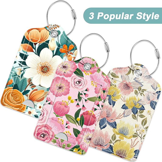Rimilak 3 Pcs PU Leather Luggage Tags for Suitcase, Travel Cruise Luggage Tag with Privacy Flap, Name ID Label and Metal Loop for Women Men Baggage Handbag School Bag Backpack, Colorful Flower
