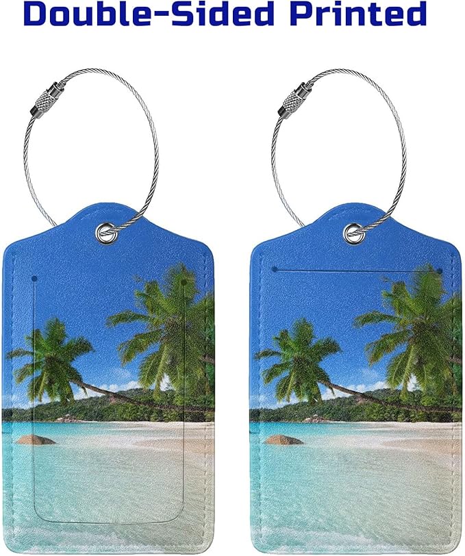 2Pcs Tropical Palm Trees Luggage Tags with Beach Landscape, Beautiful Identifier Labels with Blue Sky Background for Suitcase Baggage Bag, Travel Tags with Privacy Cover Id Card Stainless Steel Loop