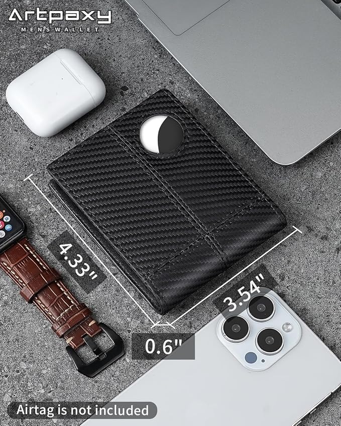 Mens Wallet With AirTag Holder, Bifold Leather RFID Blocking 1-2 ID Windows 12-13 Card Holders, Gift Box and Screen Protector Included, AirTag Not Included