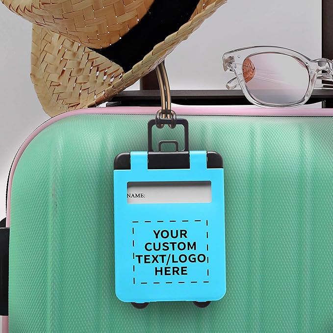 50 Mini Carry-on Luggage Tags Pack - Customizable Text, Logo - Flip Open Cover, ID Sticker - Light Blue