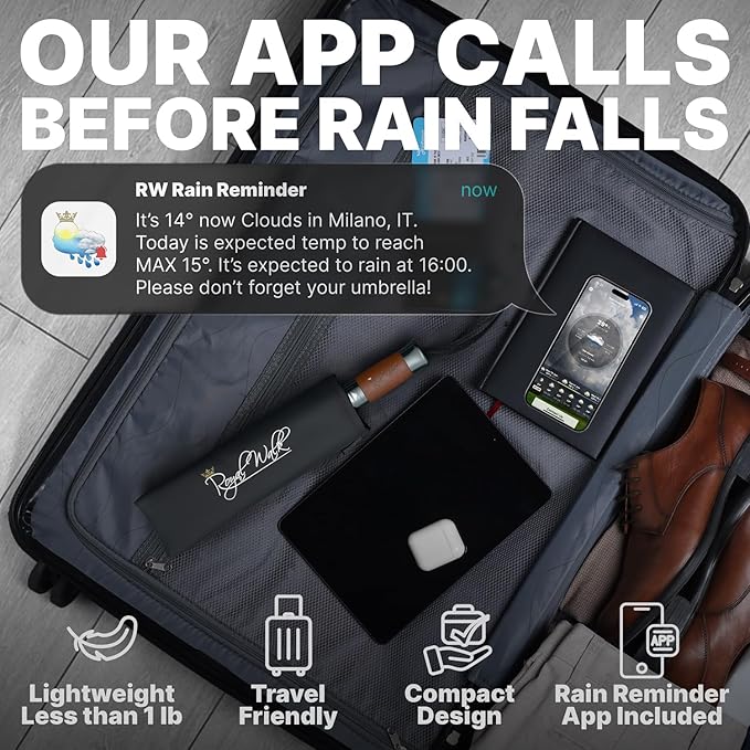 Royal Walk Windproof Folding Travel Umbrella Compact and Strong Luxurious Real Wood Handle Automatic Open Close Vented Double Canopy for Men and Women