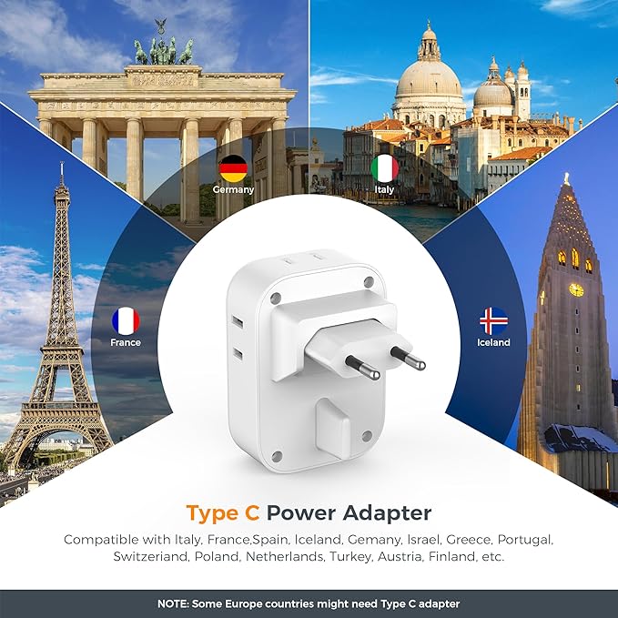 TESSAN European Travel Plug Adapter, Europe Adapter with 4 Outlets and 3 USB(1 USB C PD 20W), International Foldable Plug Type C Power Adaptor for EU Spain France Italy Germany Portugal Iceland