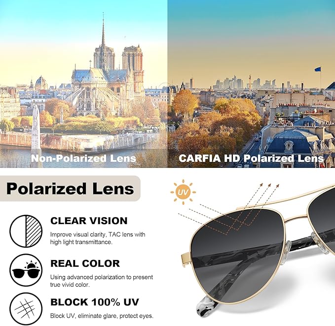 CARFIA Retro Trendy Pilot Sunglasses for Women Polarized UV Protection, Lightweight Outdoor Driving Lady Sunnies Metal Frame