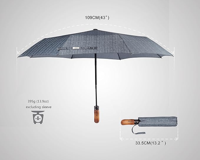 Balios Prestige Travel Folding Umbrella, Handmade Wood Handle, Auto Open & Close