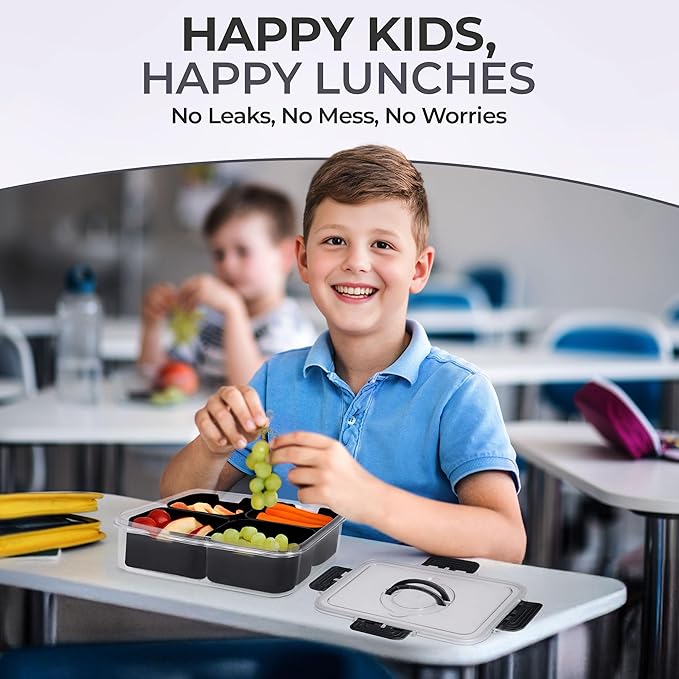 Snackle Box Container with Lid- Travel Charcuterie Box with Handle - Organizer for Candy, Fruit, Nuts, Veggies, Snacks, Beach Essentials, Portable Lunch Box (Black, Small)