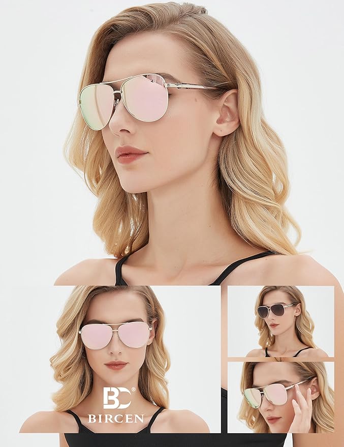 BIRCEN Polarized Aviator Sunglasses for Women : UV Protection Acetate Square Sunglass With Retro Classic Style