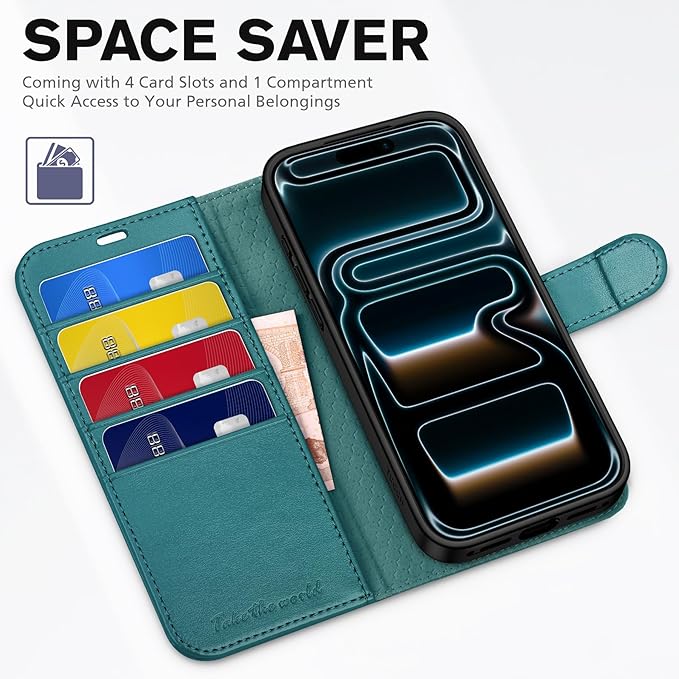TUCCH Wallet Case for iPhone 17 Pro (6.3") 2025, 4 Card Holders | RFID Blocking | Stand | Shockproof TPU Shell | PU Leather | Magnetic Closure | Protective Flip Folio Cover | Bluish Green