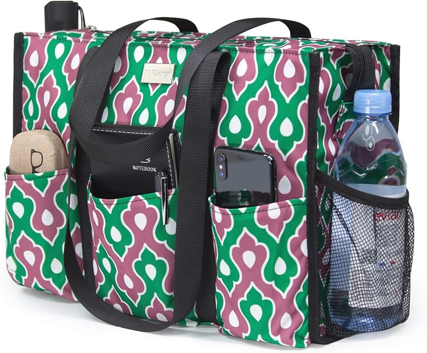 TOPDesign Utility Water Resistant Tote Bag with 13 Pockets, Top Zipper Closure & Thick Bottom Support, for Working Women