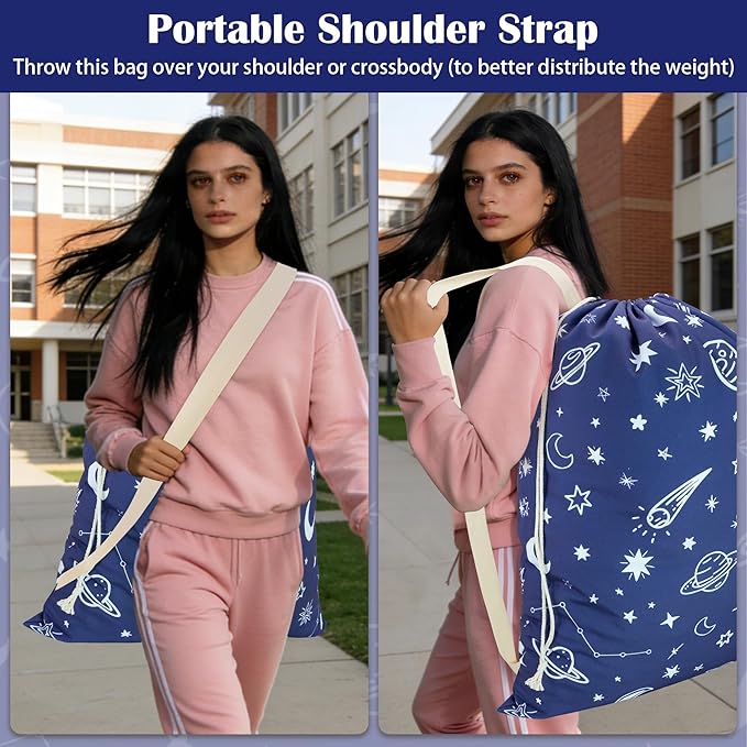 Canvas Laundry Bag with shoulder Strap 24" x 29", Large Drawstring Dirty Clothes Bag Washable Laundry Sack for College Dorm, Travel, Home, Camp (Space)