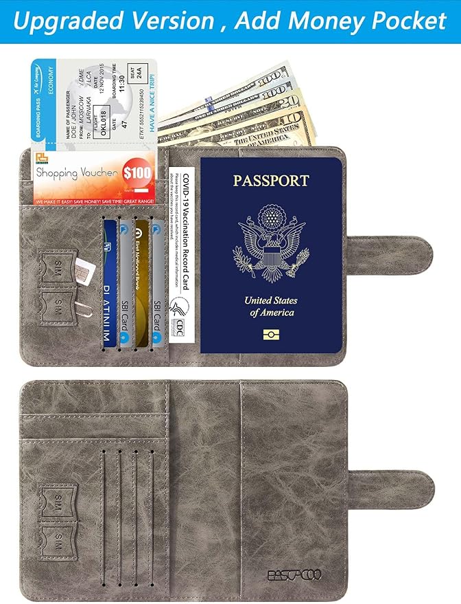 Passport Holder Cover Wallet RFID Blocking Leather Card Case Travel Accessories for Women Men (Grey)