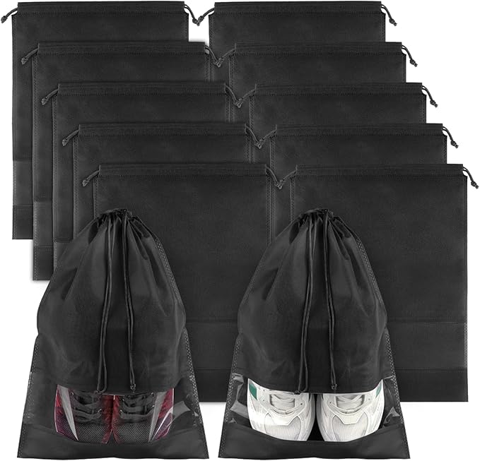 Large Black Travel Shoe Bags - 10 Pcs with Clear Window, Non-Woven Drawstring, 12.6" X 17.3" for Men Women