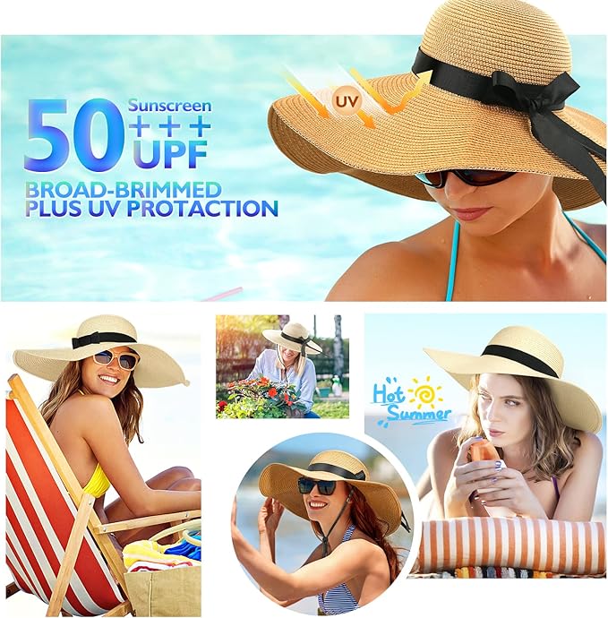 Beach Hats for Women, Foldable Sun Hat Womens UV Protection, Boho Wide Brim Hats for Women, Floppy Straw Visor Hat