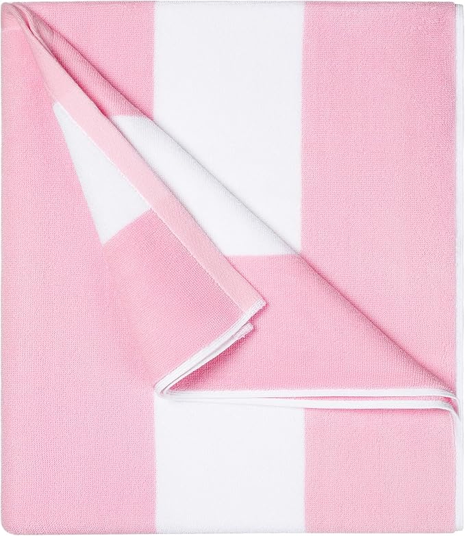 Cotton Oversized Beach Towel - 40 x70 Inch Extra Large Striped Pool Towel, Big Soft Terry Cloth Pink Cabana Swim Towel