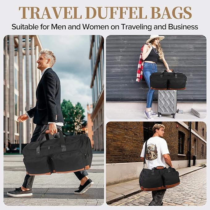 Ezday Duffle Bag for Travel, 55L Travel Duffel Bags, Weekender Overnight Carry on Travel Bag for Men & Women on Traveling, Camping, Sporting, Business (Black, 55L)