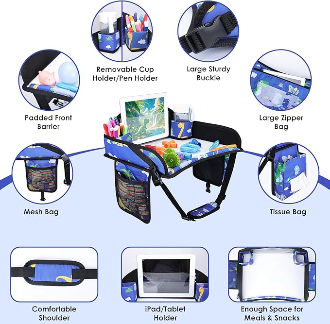 WENRENER Kids Travel Tray for Airplane - Toddler Car Seat Table Tray, Road Trip Essentials for Boys & Girls, Carseat Lap Desk for Kids Road Trip Activities,Blue Dinosaur