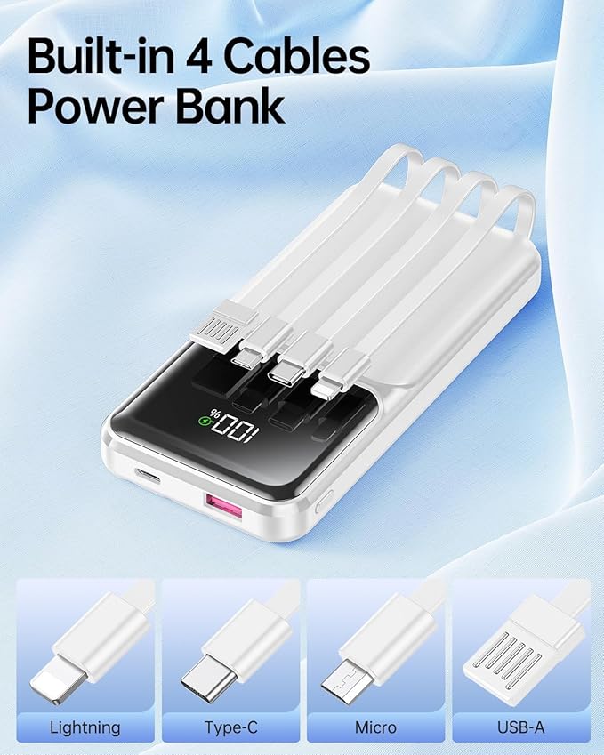 Portable Charger with Built in Cable - Power Bank Fast Charging USB C LED Display 10000mah Battery Pack 5 Outputs & 3 Inputs for Travel Essentials iPhone Samsung Android Phones Tablets Grey