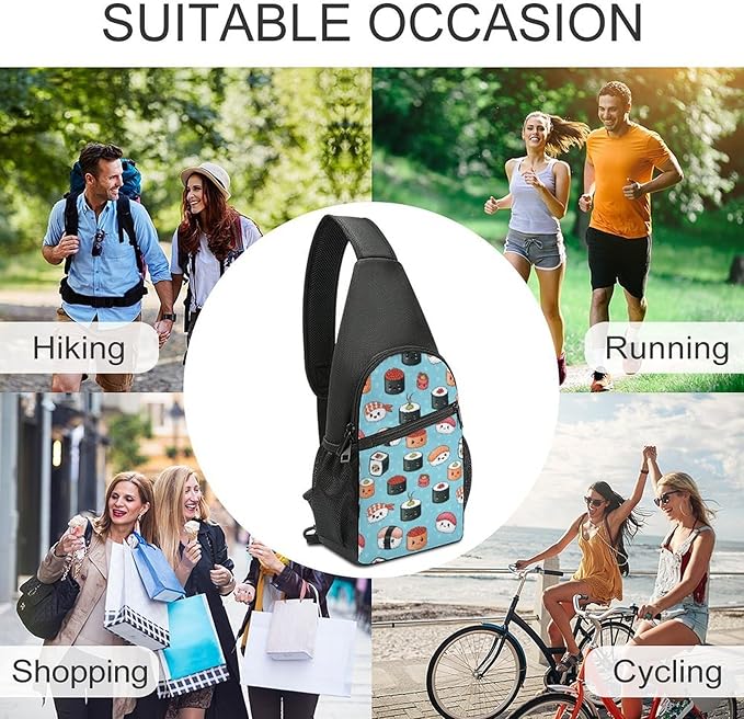 SWEET TANG Polyester Shoulder Sling Bag Multipurpose Casual Sport Daypack Unbalance Backpack with Small Pocket and Smooth Zipper, Blue Sushi