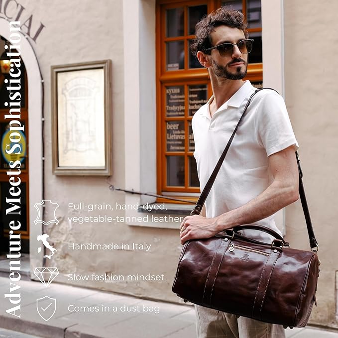 Full Grain Leather Small Duffel Bag Gym Bag Weekender Overnight Unisex Brown - Time Resistance