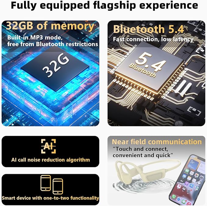 Bone Conduction Headphones-SurfAudio, IP68 Waterproof Swimming Headphones . Bluetooth 5.4, Wireless Open Ear Headphones with Mic, 32GB MP3, Up to 15 Hrs Playtime, Running and Fitness Workout (black)