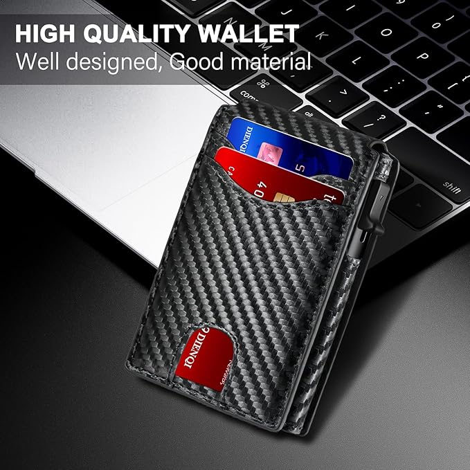 Wallet for Men, Pop Up Bank Credit Card Holder Case, RFID Blocking, Compact, Smart, Slim, Minimalist, Thin, 11 Cards Capacitiy | ID Window | Aluminum Metal | Carbon Fiber Pattern | Women (Black)