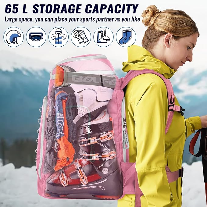 Ski Boot Bag, 65L Durable Travel Backpack, 1680D Nylon Waterproof Snowboard Boot Bag, Skiing and Snowboarding Travel Luggage for Helmet, Goggles, Gloves, Outerwear & Accessories