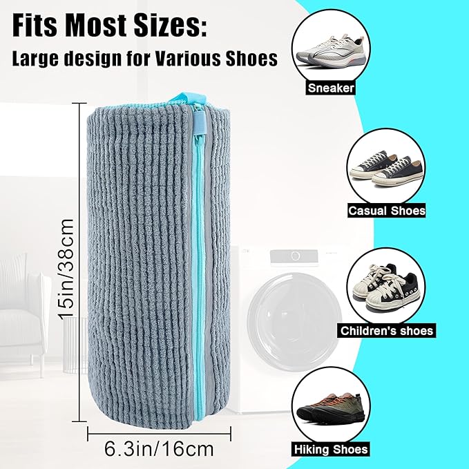 XXL Shoe Washing Machine Bag - 2-Pack Reusable Shoes Cleaning Bags, 360° Deep Clean for Tennis Shoes, Sneakers and Slippers, Includes 2 Shoe Storage Dust Bags (Gray)