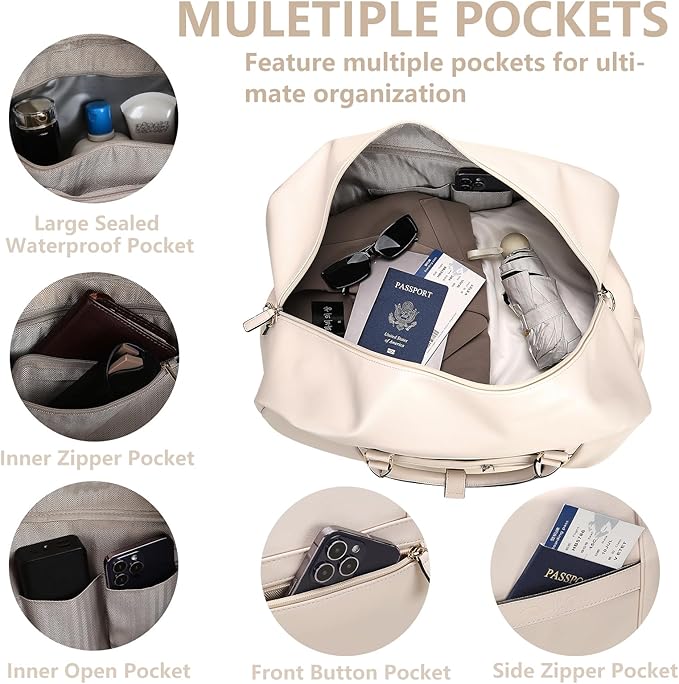 4PCS Leather Duffle Bags, Weekender Bag for Women Men, Large Travel Duffel-Overnight Bag with Toiletry, Makeup, Shoulder Bag, Faux Leather Carry On with Shoe Compartment (White)