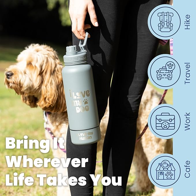 Dog Water Bottle for Dog Lovers - 32 oz Stainless Steel Double Wall Insulated Water Bottle with 8 oz Detachable Bowl on Bottom- Ideal Gift for Doggy Lovers for Christmas - “Love Smoky Grey