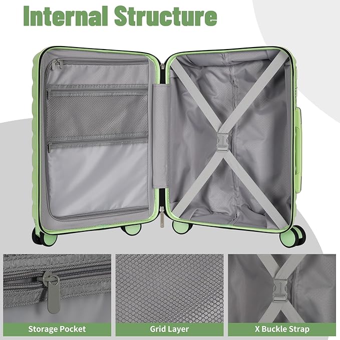 Lightweight Luggage with Spinner Wheels & YKK Zipper, 3-Piece Travel Suitcase ABS+PC Hardshell Luggage Set with TSA Lock, Light Avocado Green (20+24+28 inch)