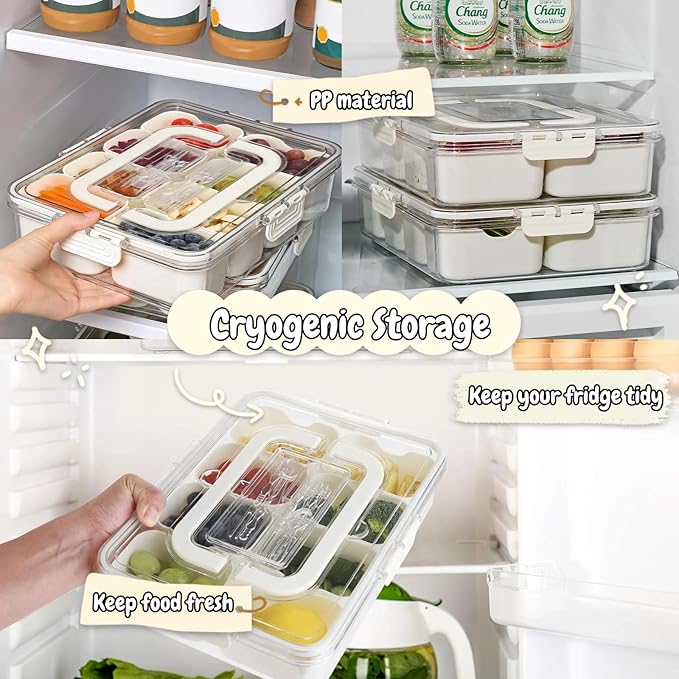 VINGVO Snackle Box, 2Pack Divided Serving Tray with Lid and Handle, 8 Compartment Portable Travel Snack Container for Adults & Kids