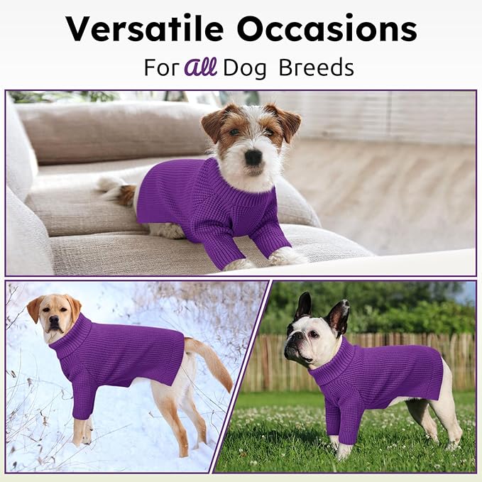 Queenmore Large Dog Sweater, Plaid Dog Sweaters for Large Dogs, Turtleneck Pet KintSweater with Check Pattern, Long Sleeve Holiday Pet Knitwear, Solid, Purple L