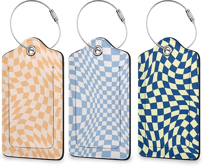 Colorful Wavy Checkered 3 Pack Luggage Tag for Suitcase, Unique Leather Travel Tags Identifiers with Privacy Name Address Labels & Durable Steel Loop for Women Men Travel