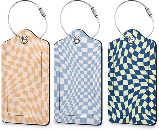 Colorful Wavy Checkered 3 Pack Luggage Tag for Suitcase, Unique Leather Travel Tags Identifiers with Privacy Name Address Labels & Durable Steel Loop for Women Men Travel