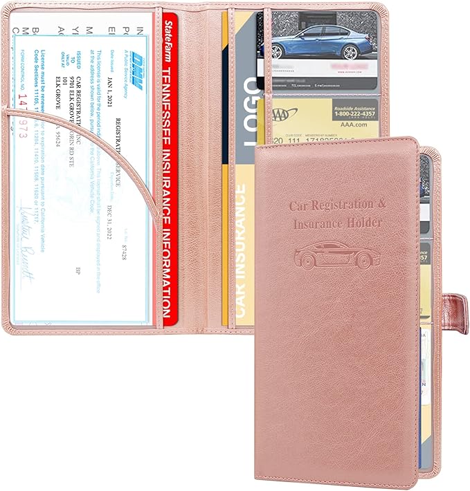 RSAquar Car Registration and Insurance Holder, Leather Car Glove Box Organizer, Cool Car Accessories for ID, Driver's License Cards & Essential Document, Men&Women, Rose Gold