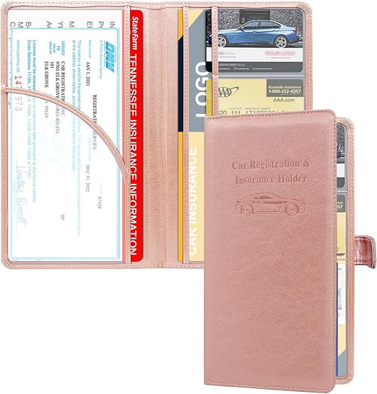 RSAquar Car Registration and Insurance Holder, Leather Car Glove Box Organizer, Cool Car Accessories for ID, Driver's License Cards & Essential Document, Men&Women, Rose Gold