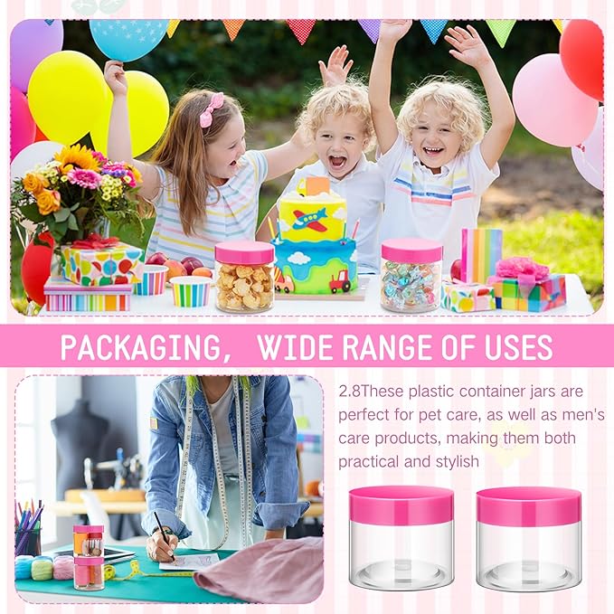 SATINIOR 12 Pack 6 oz Plastic Container Jars with Lids Round Clear Travel Cosmetic Container Slime Jars for Toiletries, Lotion, Cream, Ointments, Makeup, Rhinestone, Samples, Kitchen Storage(Pink)