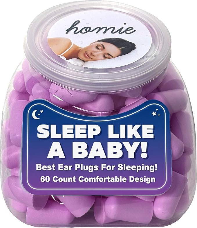 Homie Foam Earplugs for Sleeping, 60 Pair - 33dB Highest NRR, Comfortable Ear Plugs for Sleeping, Snoring, Travel, Concerts, Studying, Loud Noise, Work (Violet)