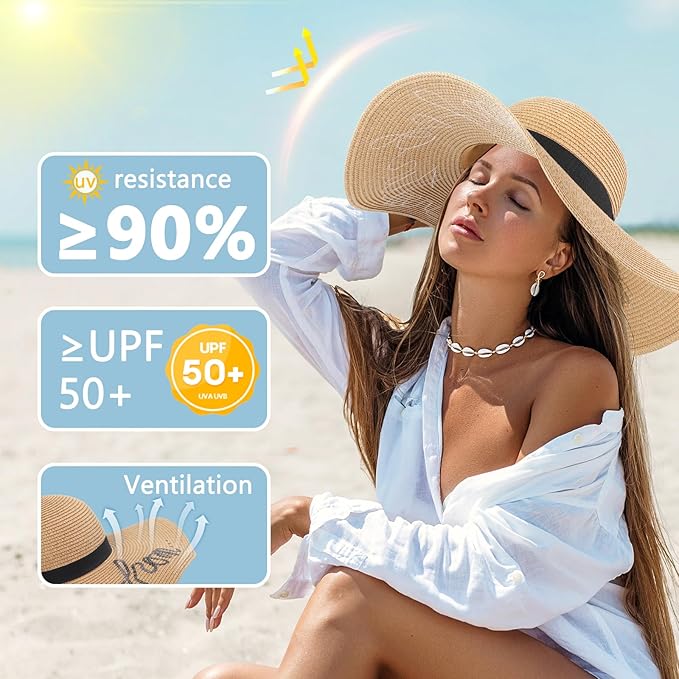 Beach Sun Hats for Women Wide Brim Straw Foldable Beach Hat UV Protection