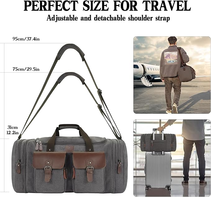 Canvas Duffle Bag for Men 60L Travel Duffel Bags Expandable Genuine Leather Duffel Overnight Weekender Carry On Bag Two Zipper Pockets Travel Bag (Grey, X Large-60L)