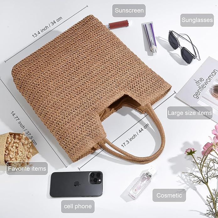 Straw Beach Bags for Women Woven Beach Tote Bag Casual Boho Large Shoulder Handbags Purse for Vacation Holiday