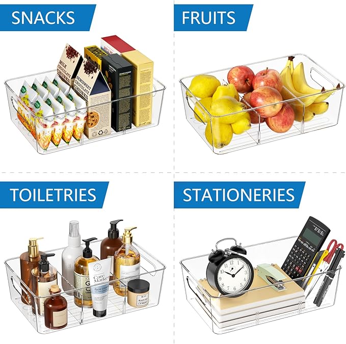 Mpotmiy 6 Pack Pantry Organizers and Storage,Clear Plastic Containers with 2 Dividers for Kitchen,Fridge Organization and Storage,Acrylic Bins for Pounches,Spice Packet,Snack organzier