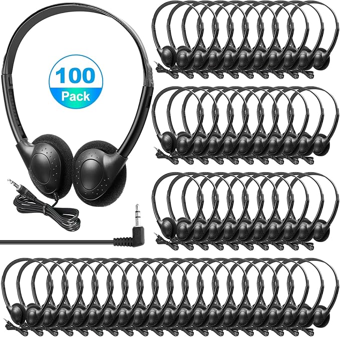 Hoteam 100 Pack Headphones for Classroom Bulk Students Adjustable Headphones Wired Pack Black Over The Head Earphones with 3.5 mm Plug for School Library Museums Charity Donate(Black)