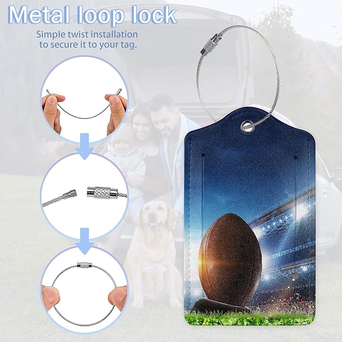 Set of 2 Luggage Tags,American Football Leather Suitcases Tag Identifiers with Privacy Name Address Labels & Durable Steel Loop for Women Men Travel