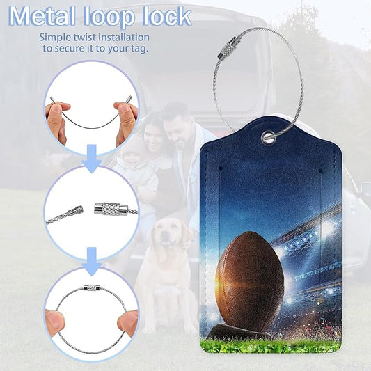 Set of 2 Luggage Tags,American Football Leather Suitcases Tag Identifiers with Privacy Name Address Labels & Durable Steel Loop for Women Men Travel