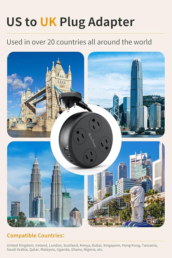 UK Travel Plug Adapter - Retractable Power Strip with 4 AC Outlets & 3 USB Ports (USB-C), Type G Adapter for US to UK, Ireland, Scotland, Hong Kong, Dubai (Black)