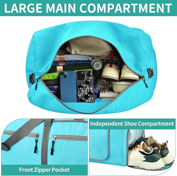 Dimayar 40L Travel Duffle Bag for Men Women - Foldable Duffel Bag with Shoes Compartment - Overnight Bags Waterproof & Tear Resistant(Mint Green)